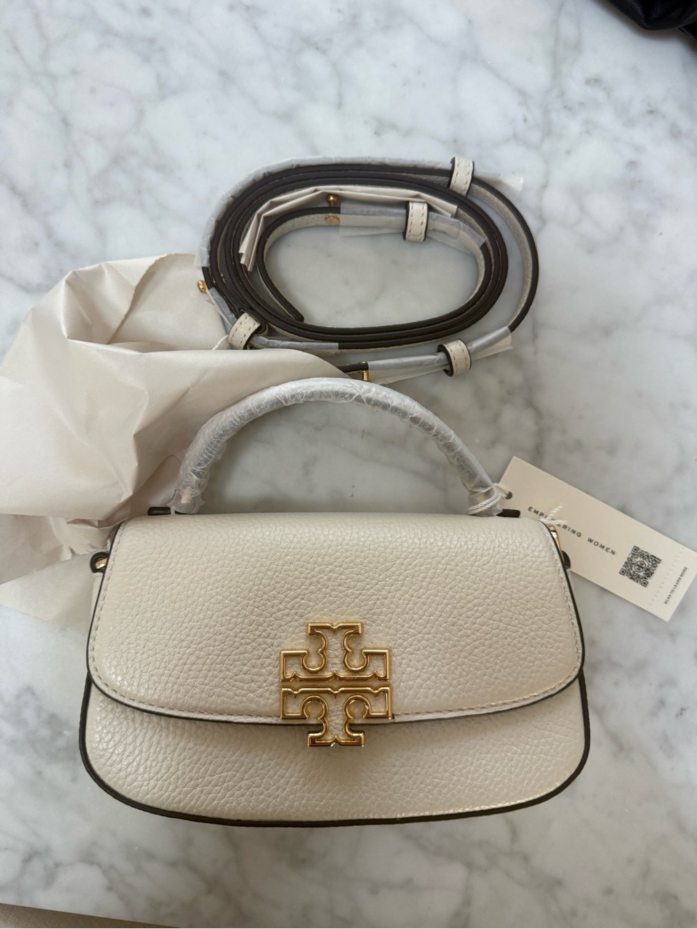 Tory Burch Britten Mini Pebbled Leather Top-Handle Crossbody Cream - Picture 6 of 9